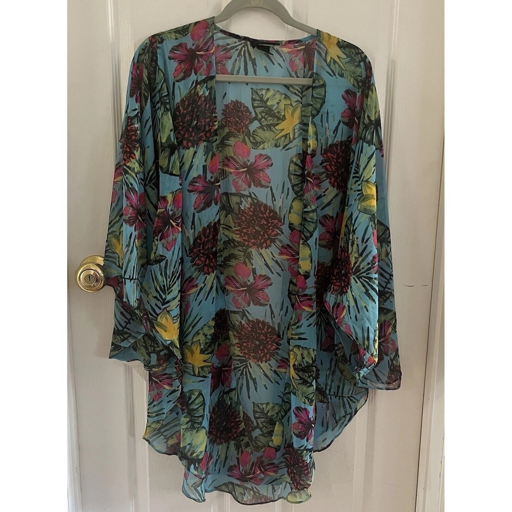 Steve Madden Tropical Floral Kimono CoverUp OSFM Sheer Beach Swimwear Aqua Blue